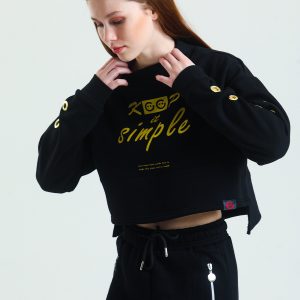 Oversize Crop Sweatshirt Balıkçı Yaka Kuşgözü ve Baskı Detaylı Kadın - Görsel 5