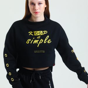 Oversize Crop Sweatshirt Balıkçı Yaka Kuşgözü ve Baskı Detaylı Kadın - Görsel 6