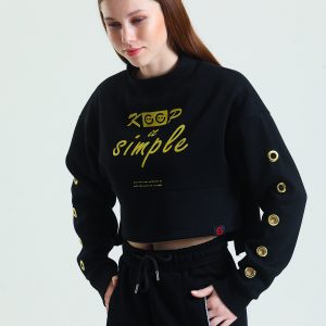 Oversize Crop Sweatshirt Balıkçı Yaka Kuşgözü ve Baskı Detaylı Kadın - Görsel 7