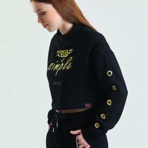 Oversize Crop Sweatshirt Balıkçı Yaka Kuşgözü ve Baskı Detaylı Kadın - Görsel 8