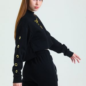 Oversize Crop Sweatshirt Balıkçı Yaka Kuşgözü ve Baskı Detaylı Kadın - Görsel 13